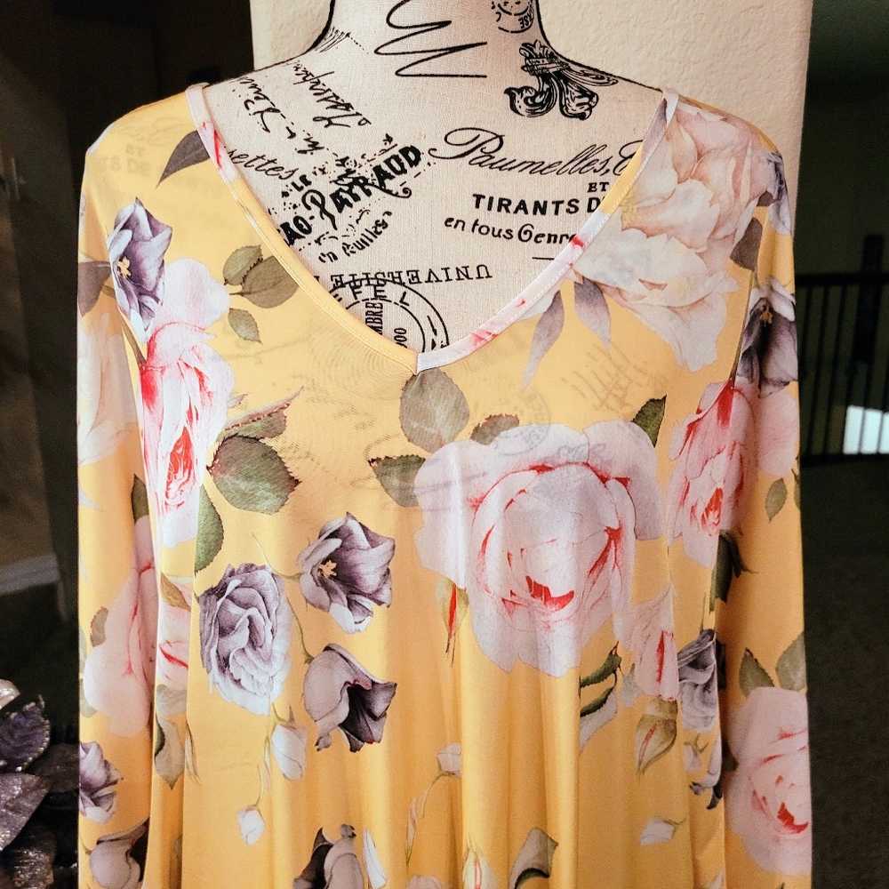 Yellow and Rose Floral Cape Sleeve Tunic